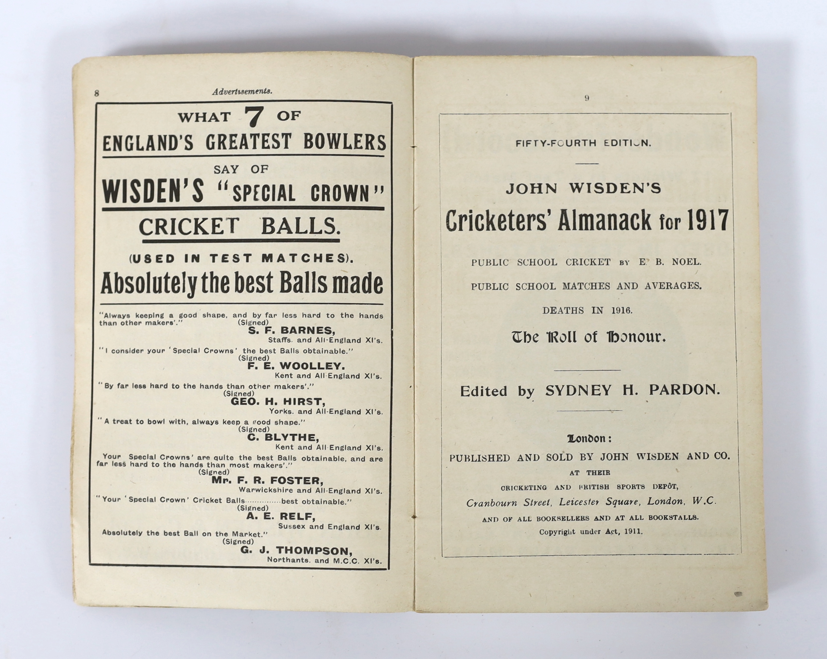 Wisden - John Wisden’s Cricketer’s Almanack for 1917, with original wrappers, spine cracked, with some loss, close tear to upper right rear cover.